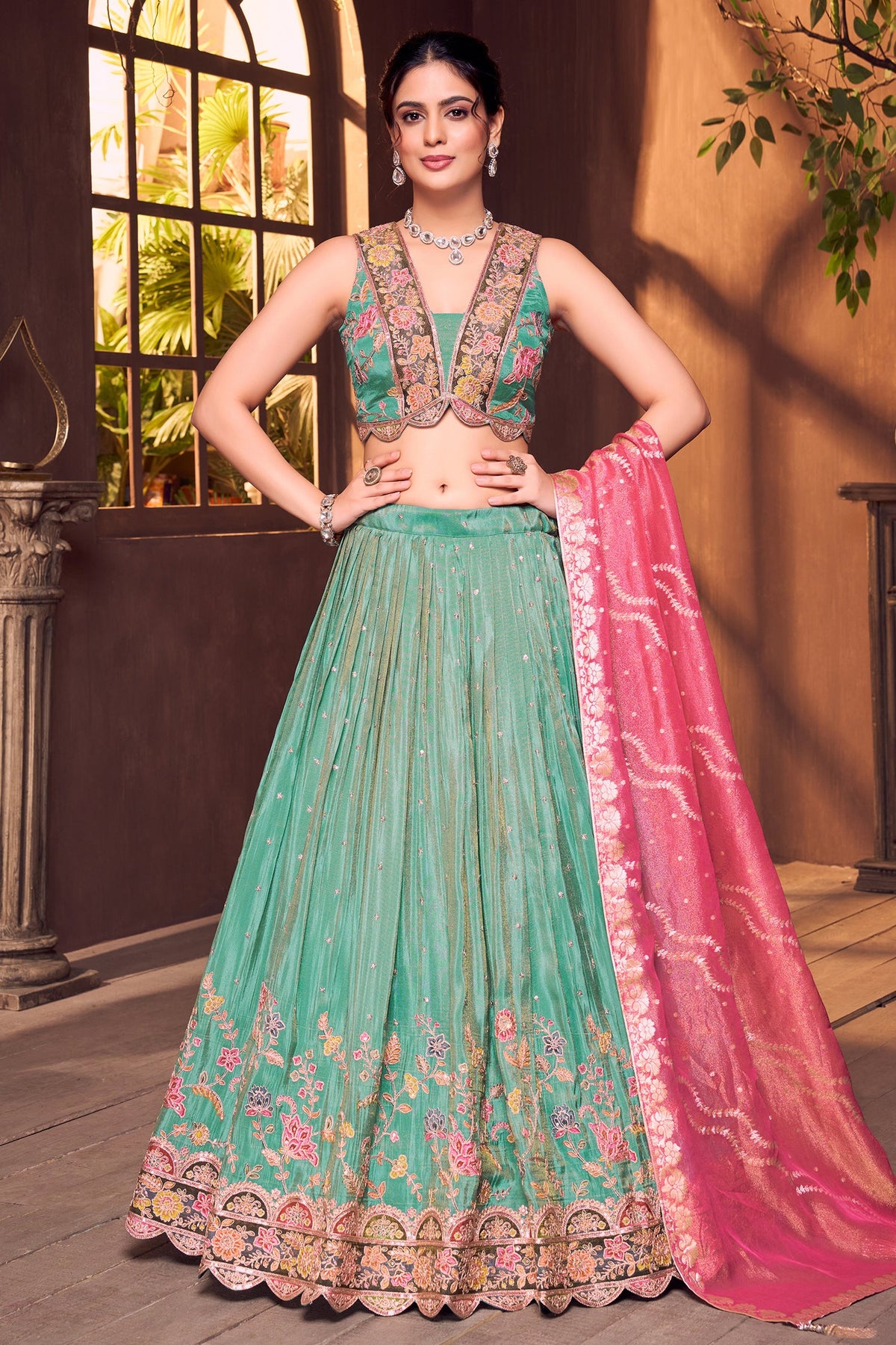 Sea Green Chinon Floral Printed Lehenga with Sequin Work