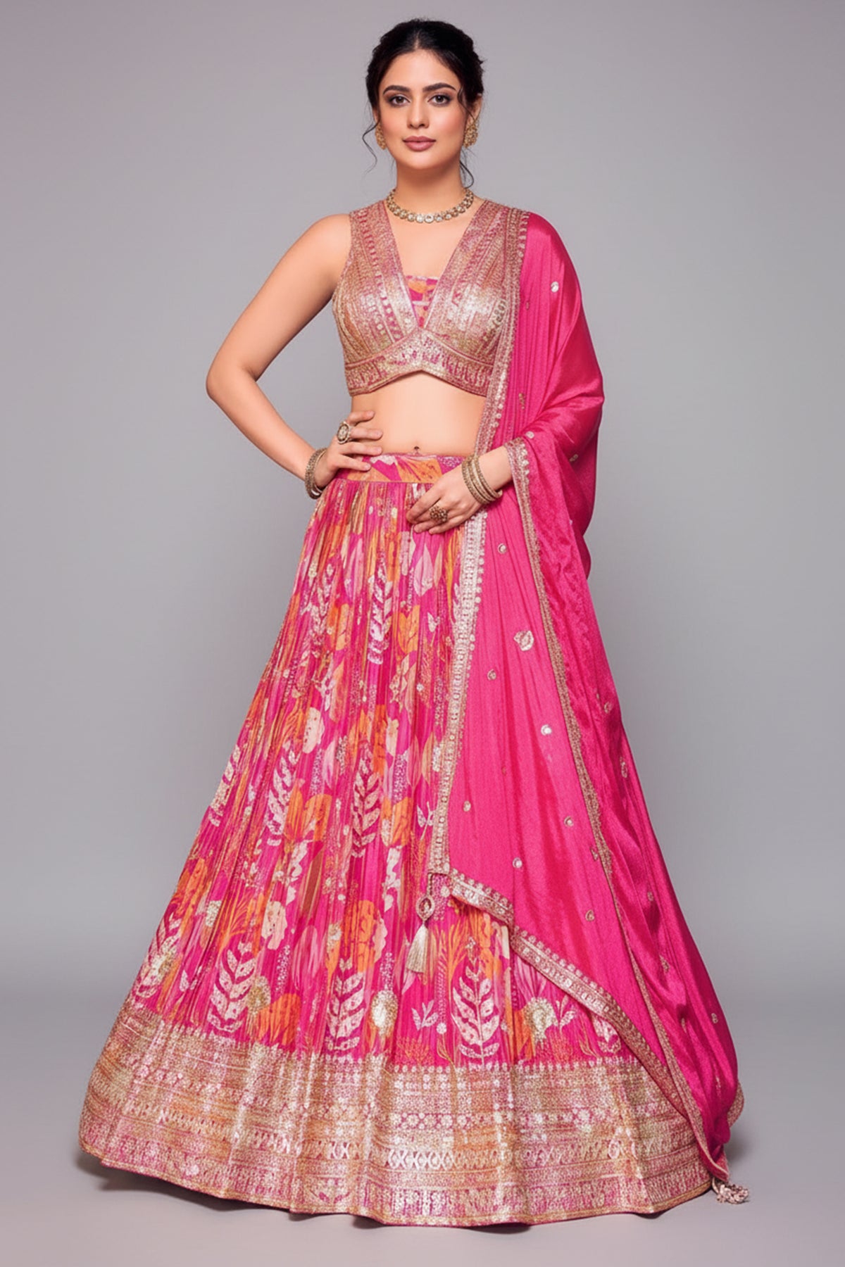 Pink Crepe Chinon Floral Printed Lehenga with Sequin Work