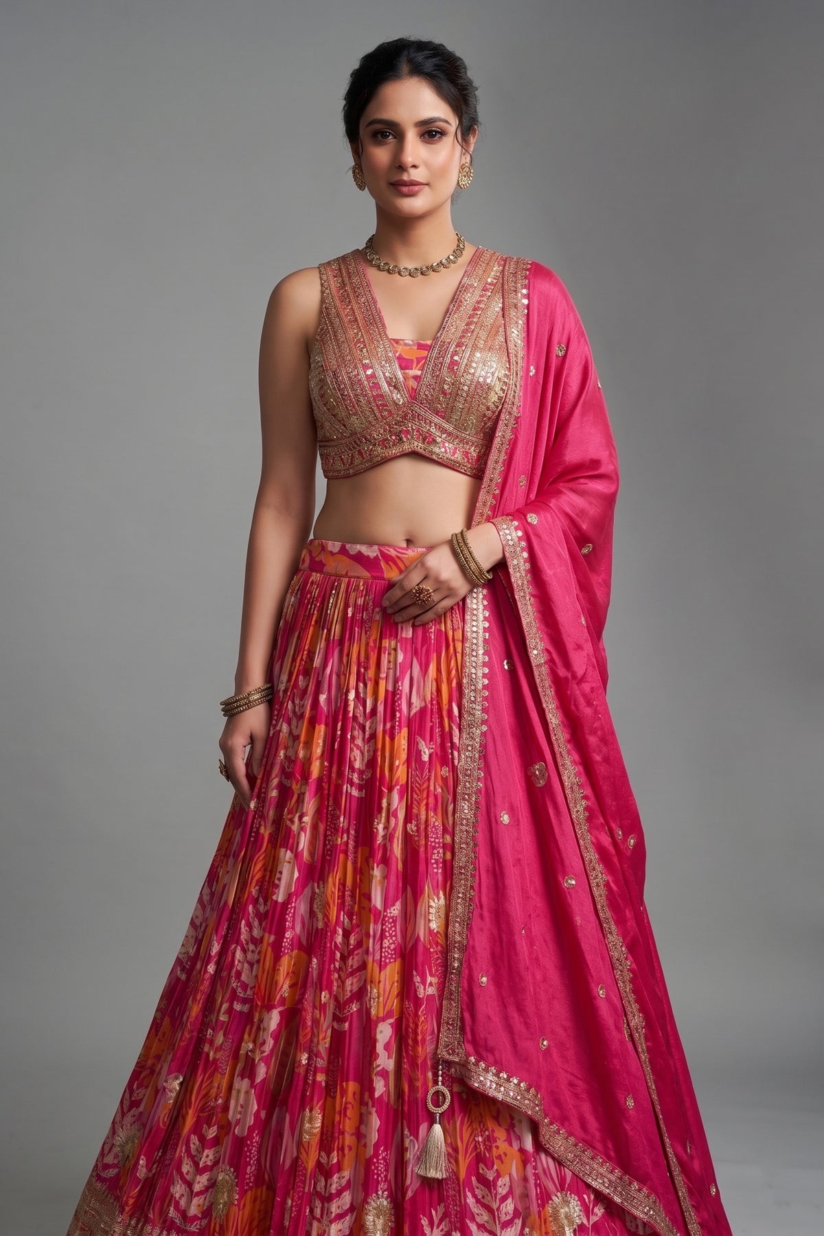 Pink Crepe Chinon Floral Printed Lehenga with Sequin Work