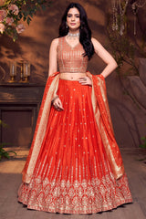 Orange Chinon Silk Sequin Embroidered Lehenga