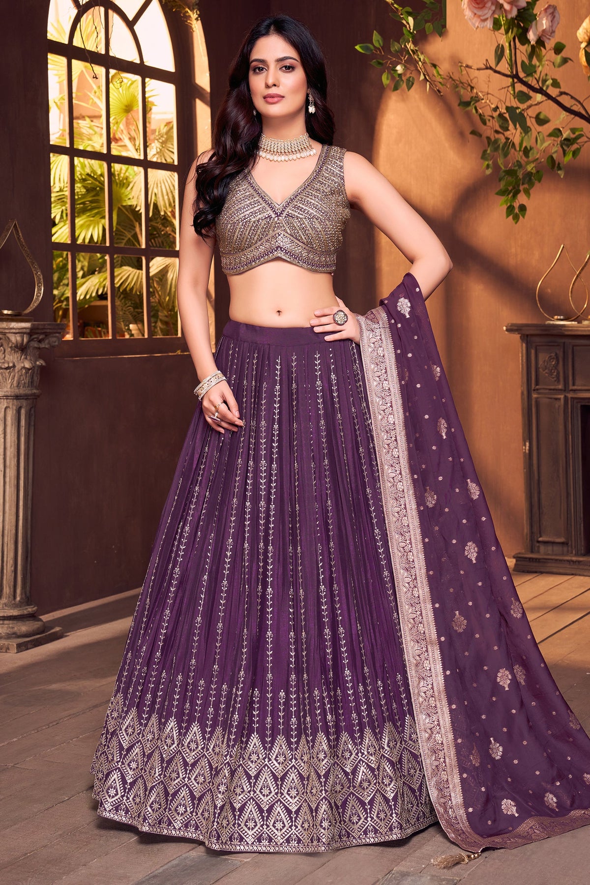 Purple Chinon Silk Sequin Embroidered Lehenga