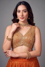 Orange Tissue Silk Woven Butti Lehenga with Sequin Embroidered Work