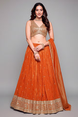 Orange Tissue Silk Woven Butti Lehenga with Sequin Embroidered Work