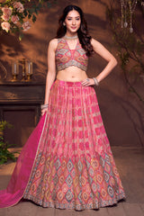 Pink Ombre and Multi Colored Chinon Silk Printed Lehenga with Sequin Embroidery Work