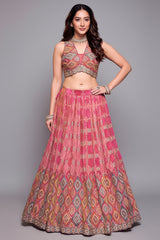 Pink Ombre and Multi Colored Chinon Silk Printed Lehenga with Sequin Embroidery Work