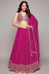 Deep Rani Pink Art Silk Sequin and Embroidered Work Lehenga