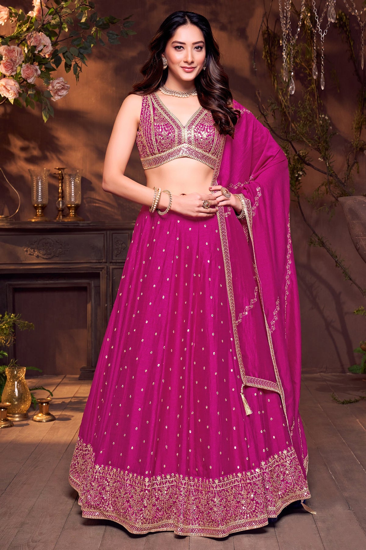 Deep Rani Pink Art Silk Sequin and Embroidered Work Lehenga