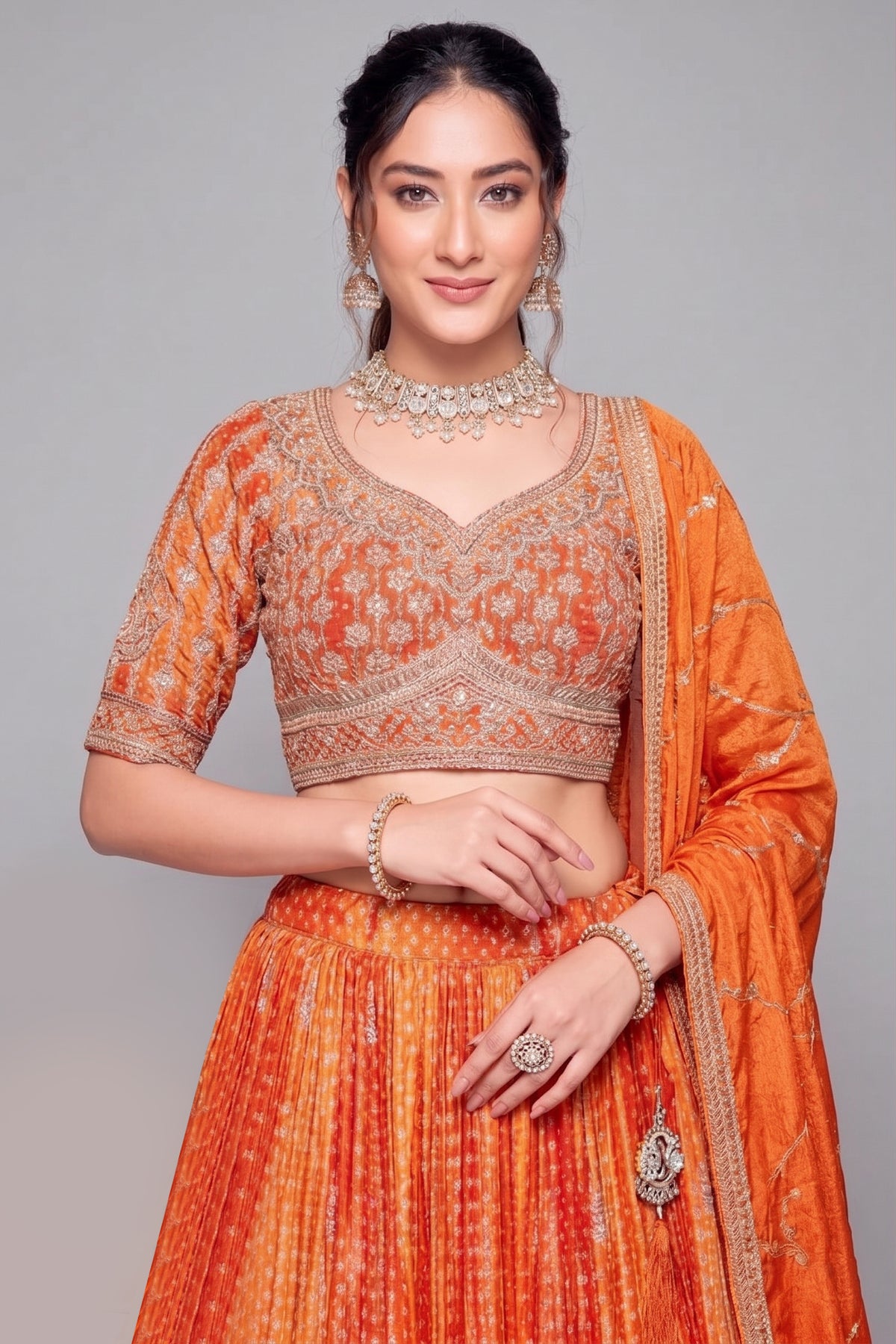 Orange Chinon Crepe Silk Bandhej Print Lehenga with Sequin Embroidery Work