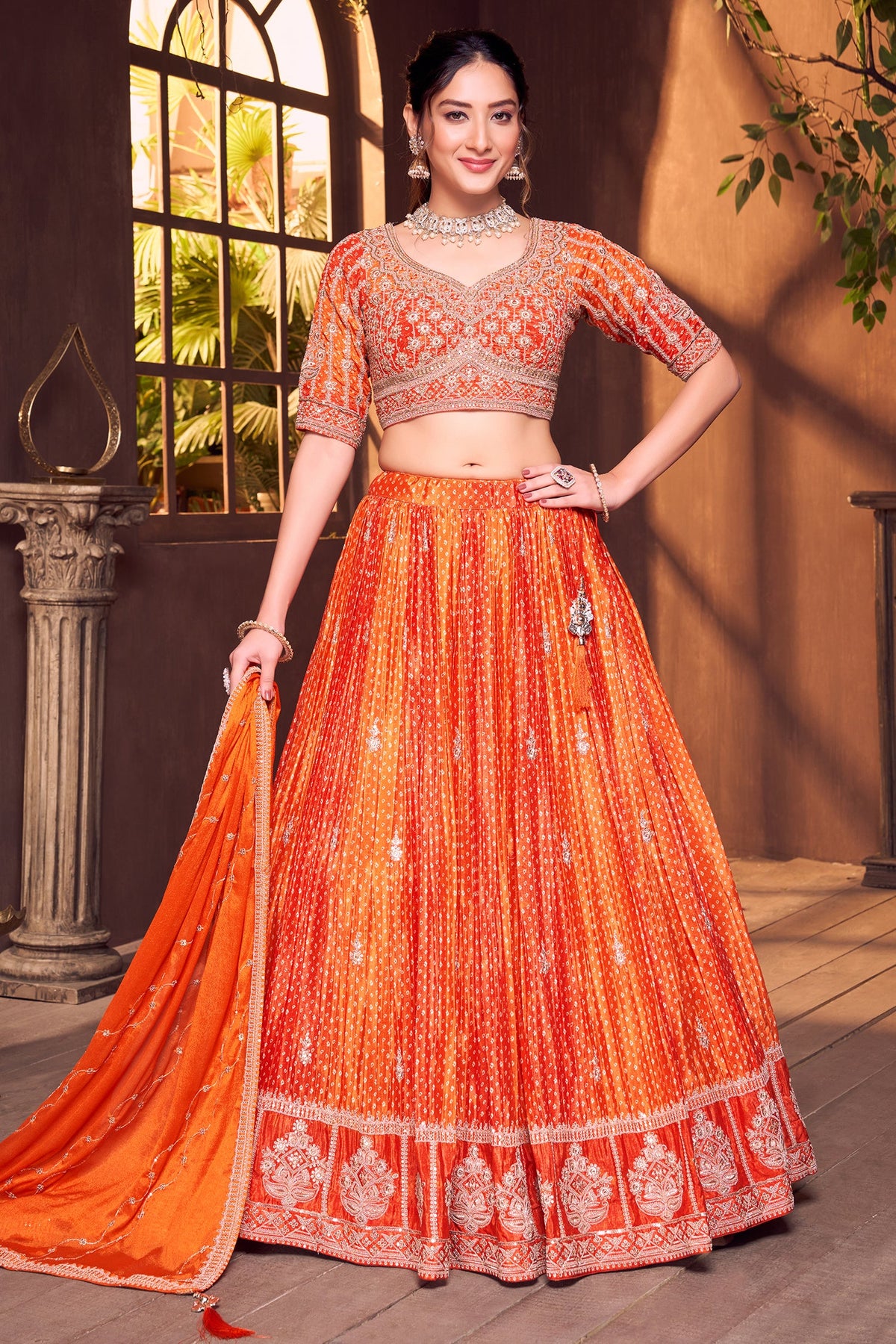 Orange Chinon Crepe Silk Bandhej Print Lehenga with Sequin Embroidery Work