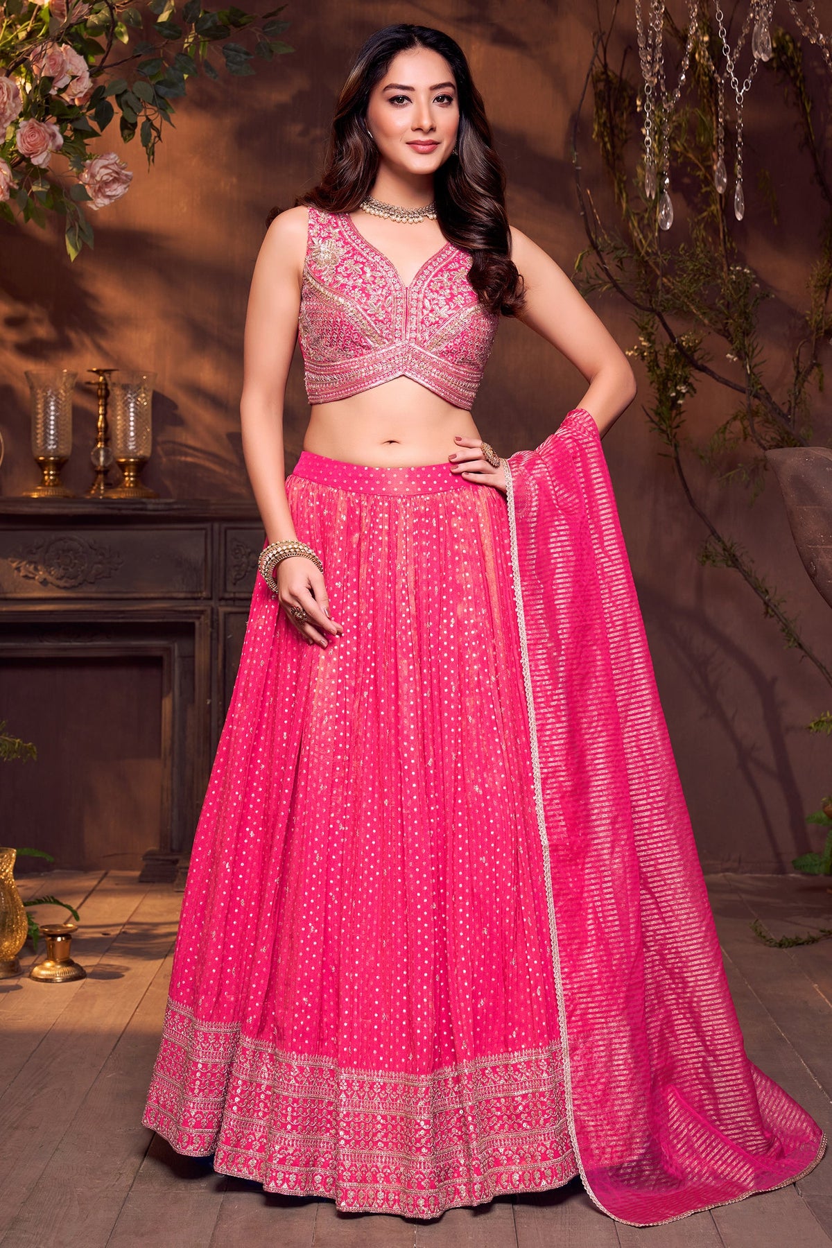 Rani Pink Tissue Silk Woven Butti Lehenga with Sequin Embroidered Work