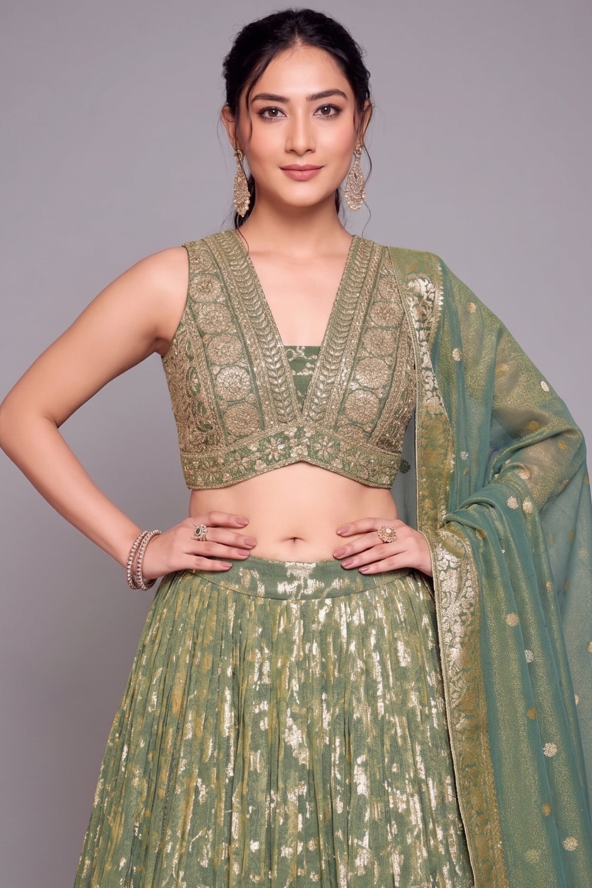 Green Tissue Floral Woven Jaal Lehenga with Sequin Embroidery Work