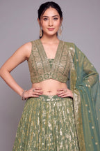 Green Tissue Floral Woven Jaal Lehenga with Sequin Embroidery Work