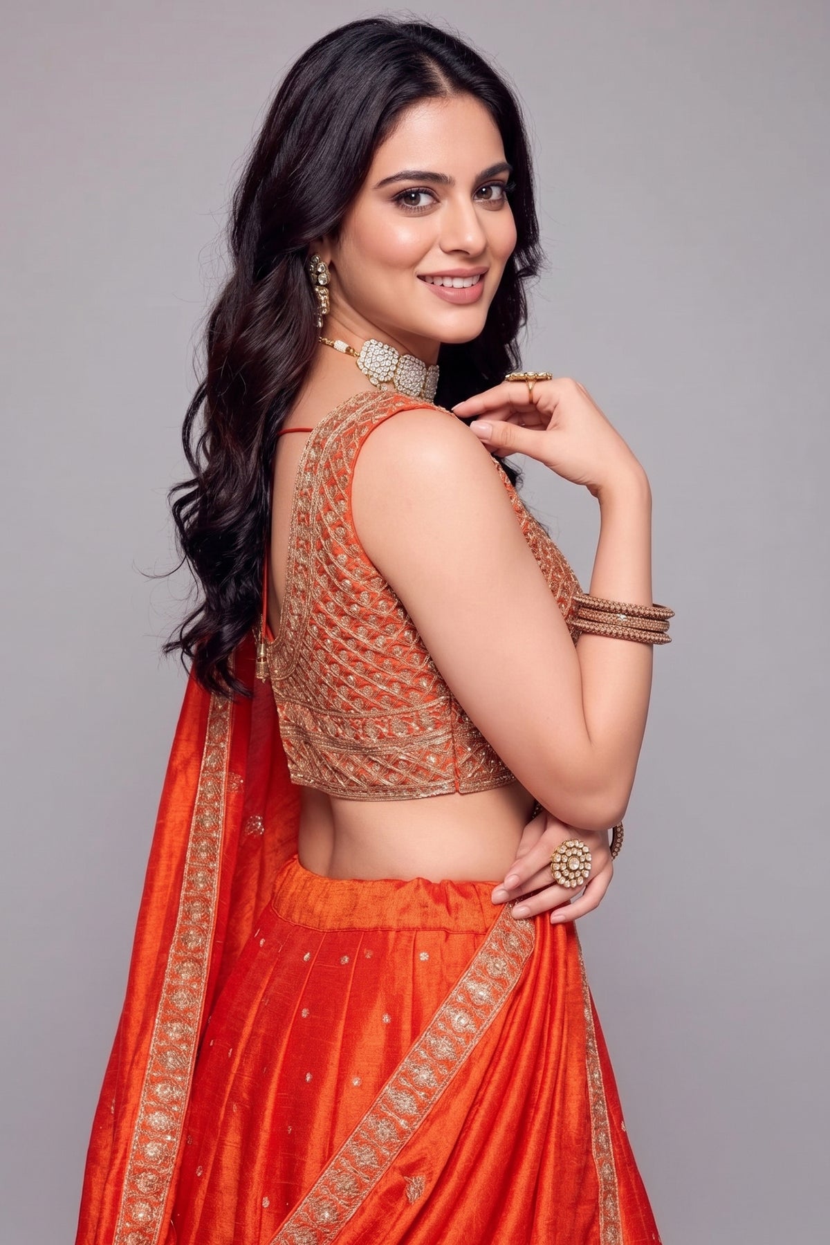 Orange Art Silk Sequin Embroidered Lehenga