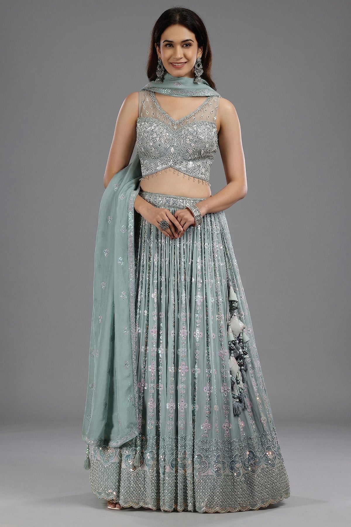 Pastel Sheen Green Organza Sequinned Lehenga with Beaded and Cutdana Work