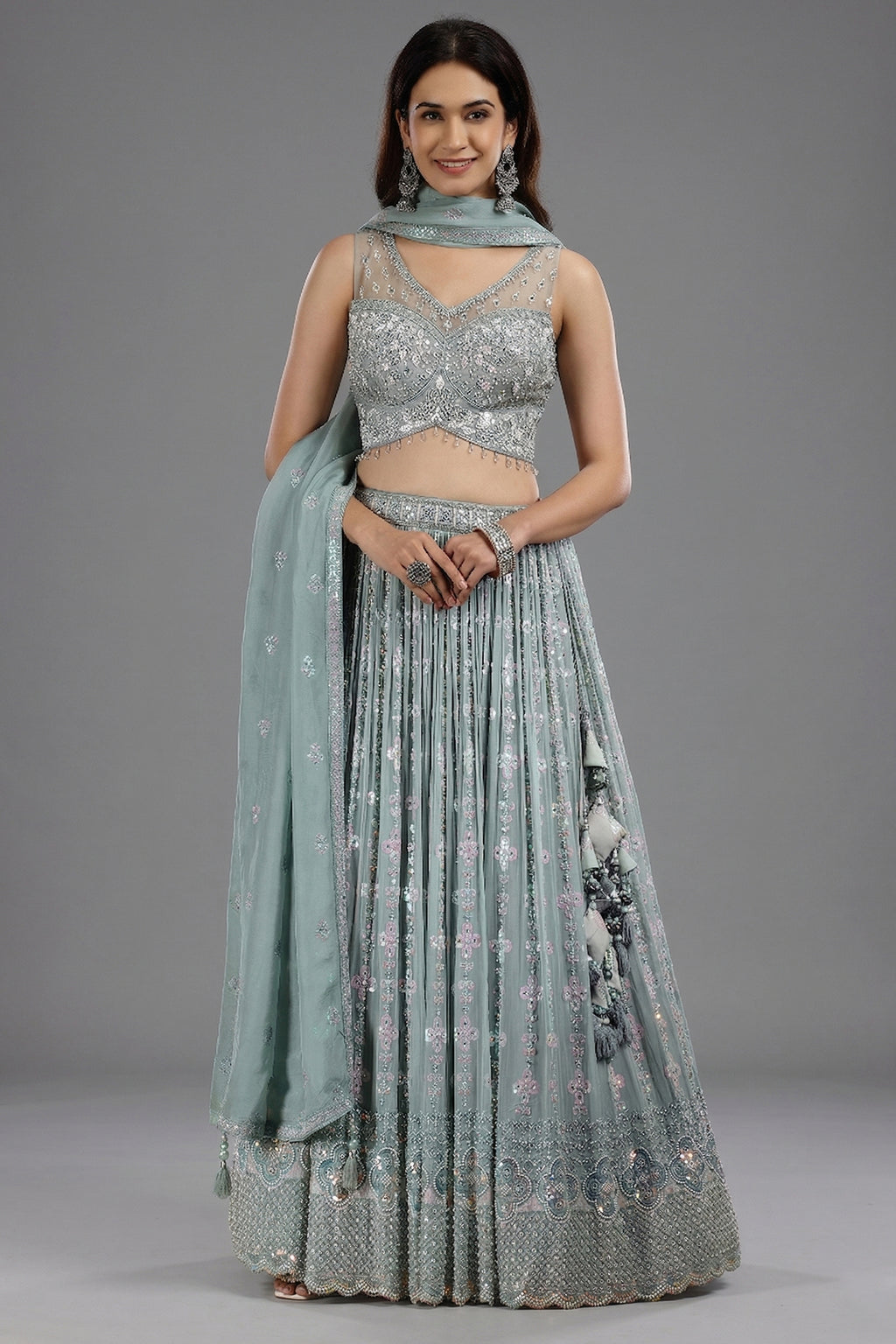Pastel Sheen Green Organza Sequinned Lehenga with Beaded and Cutdana Work