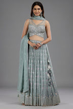 Pastel Sheen Green Organza Sequinned Lehenga with Beaded and Cutdana Work