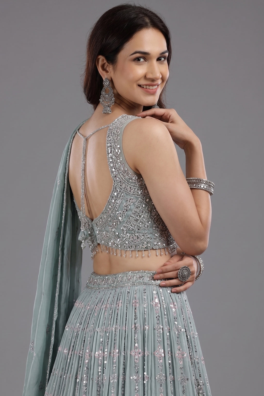 Pastel Sheen Green Organza Sequinned Lehenga with Beaded and Cutdana Work