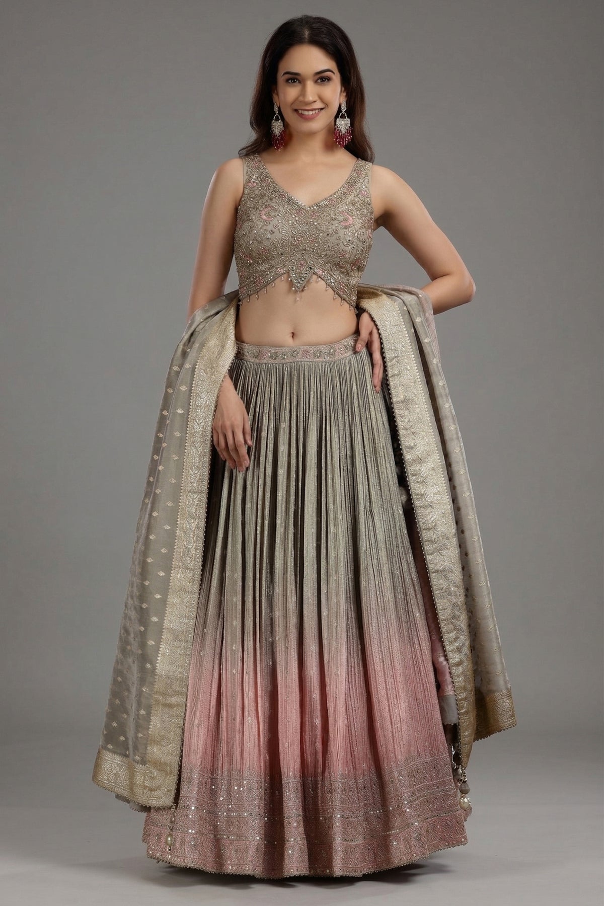 Grey and Pink Ombre Tissue Sequins Worked Lehenga