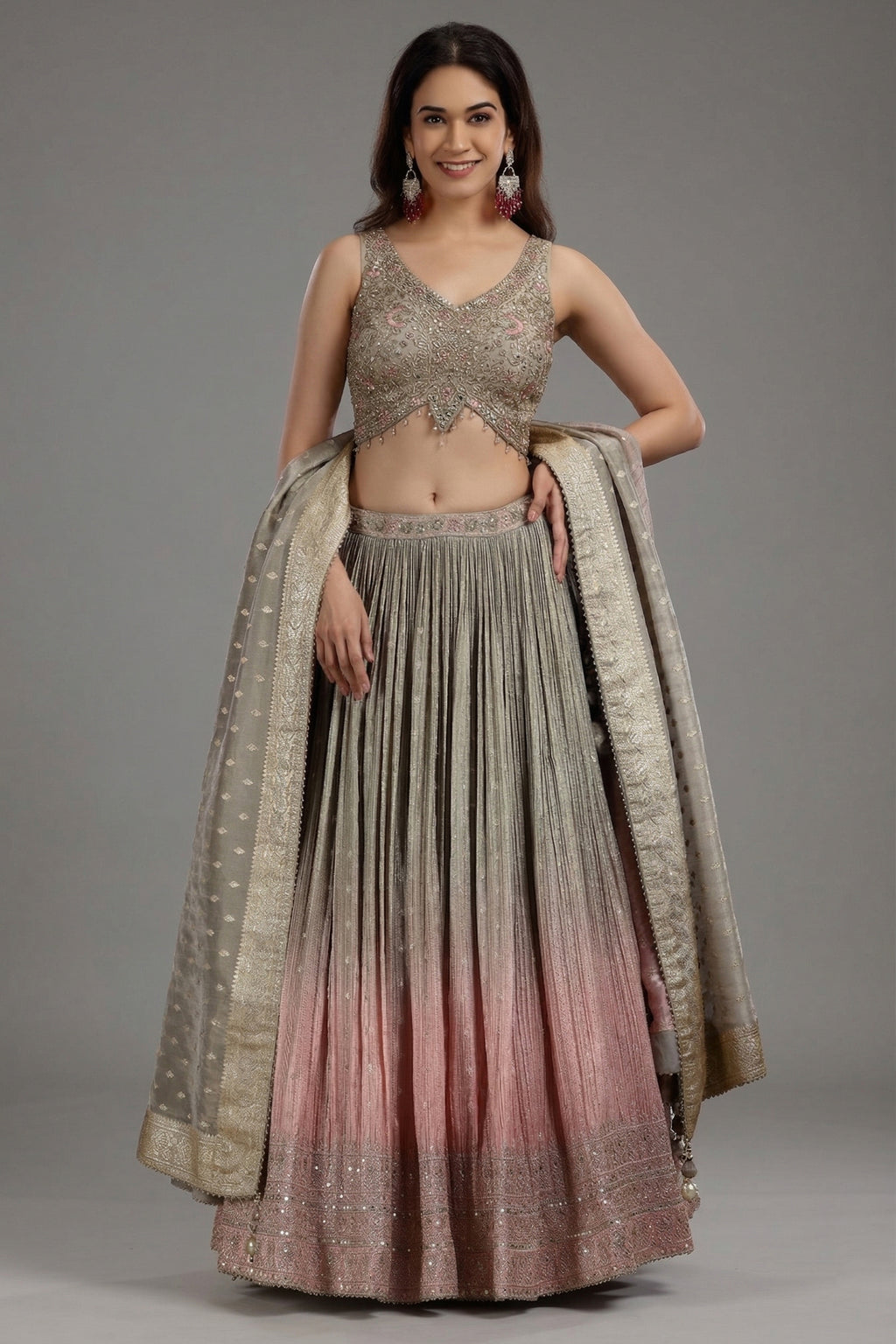 Grey and Pink Ombre Tissue Sequins Worked Lehenga