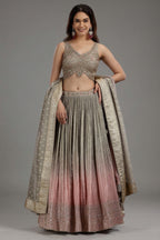 Grey and Pink Ombre Tissue Sequins Worked Lehenga