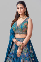 Blue Chinon Woven Pleated Lehenga