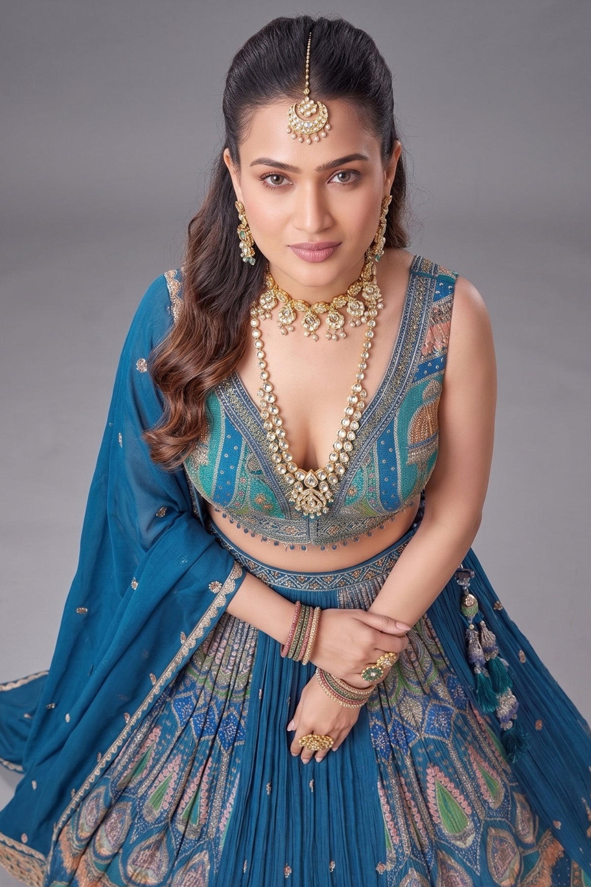 Blue Chinon Woven Pleated Lehenga