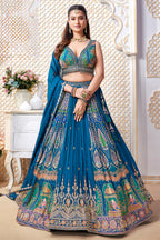 Blue Chinon Woven Pleated Lehenga