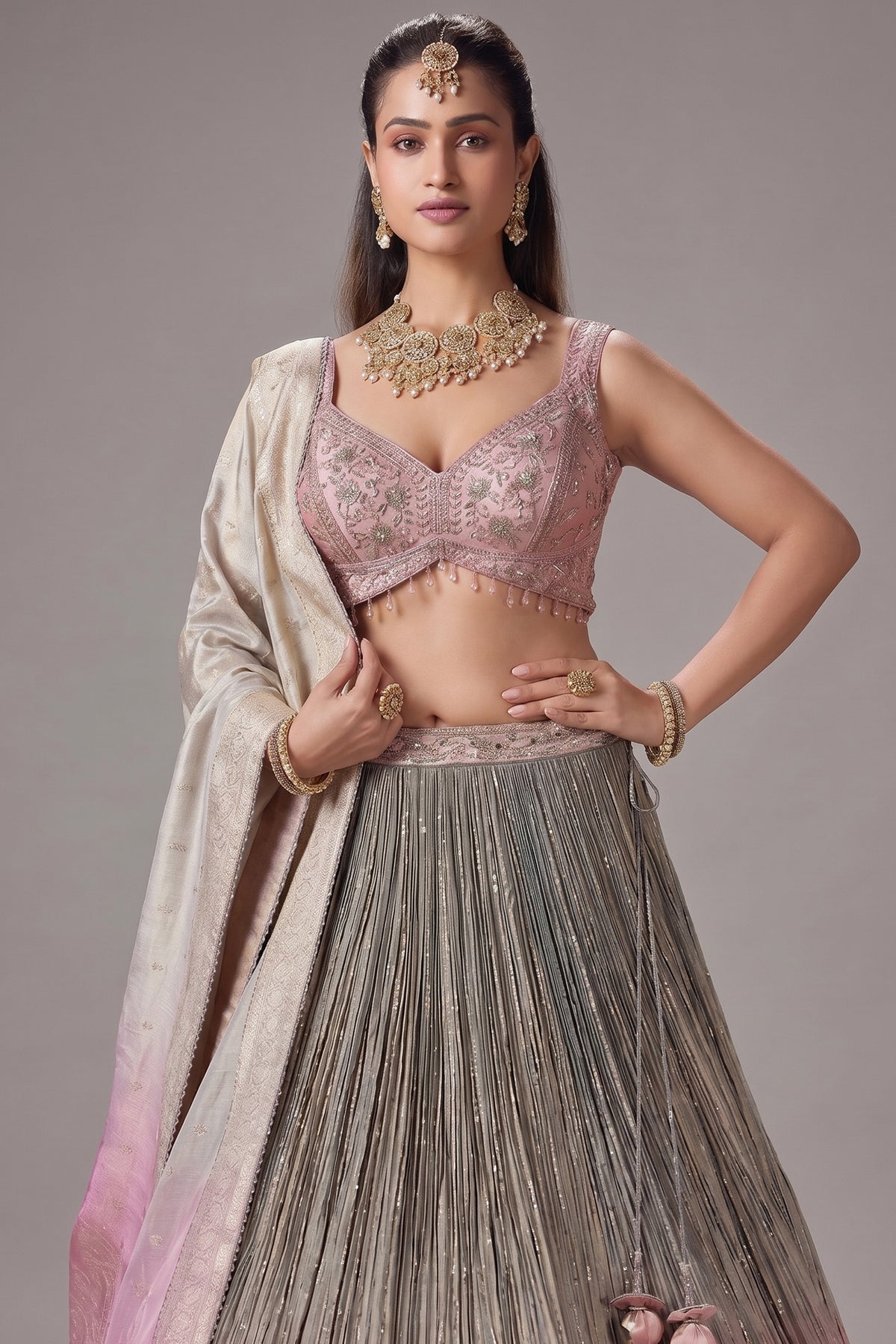 Grey and Pink Ombre Tissue Sequin Embroidered Lehenga