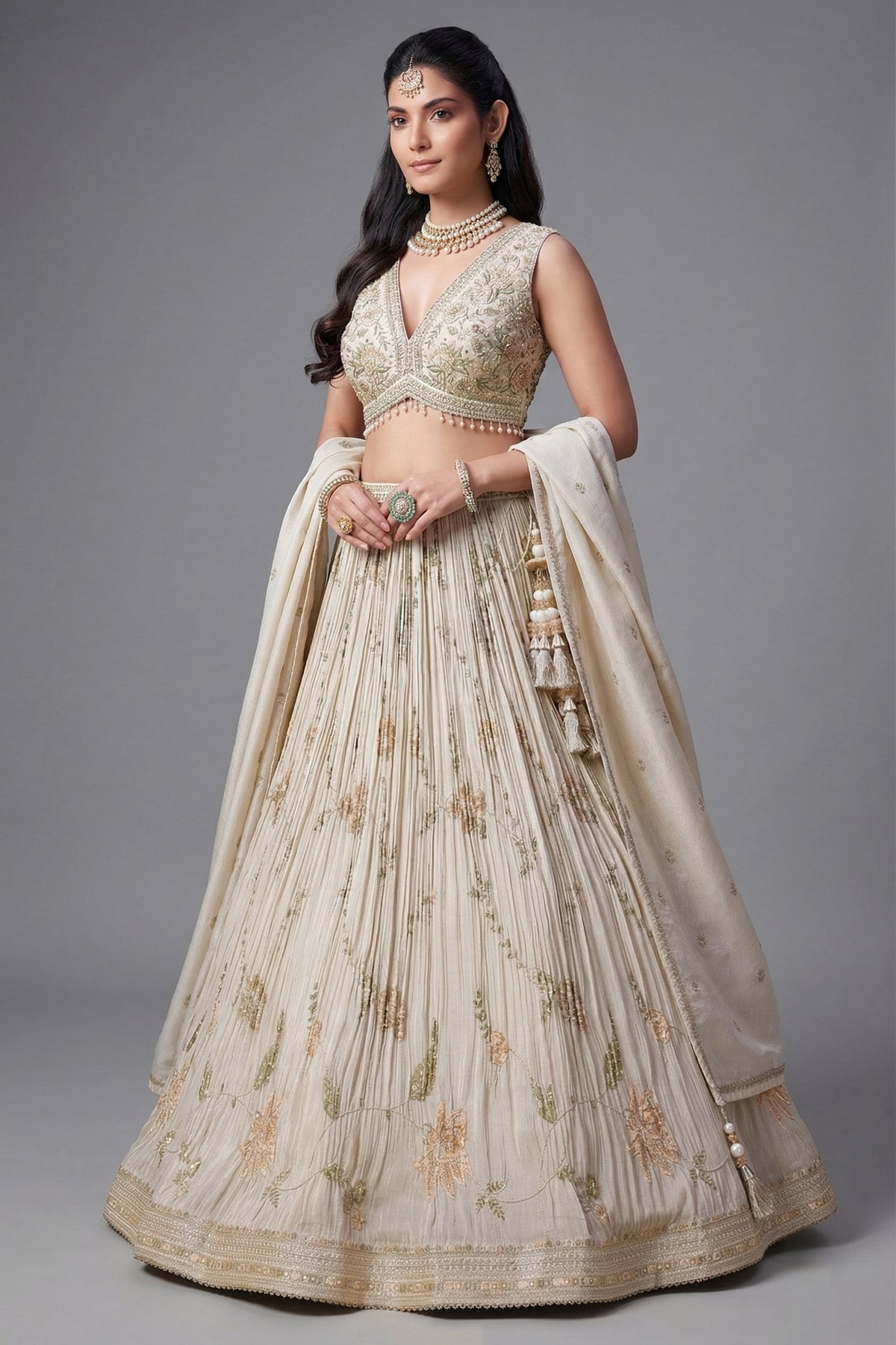 Cream Tissue Sequin and Floral Embroidery Work Pleated Lehenga
