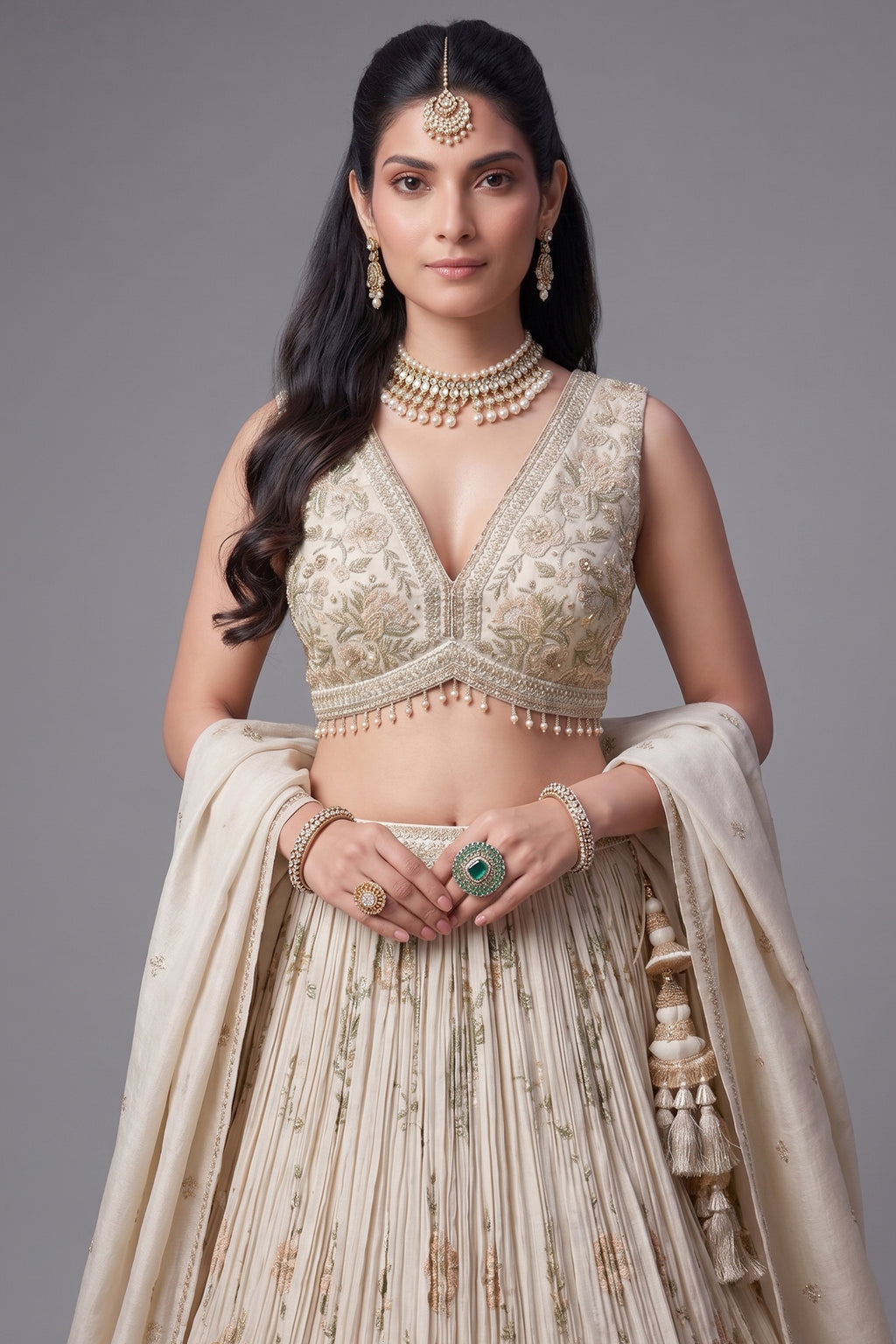 Cream Tissue Sequin and Floral Embroidery Work Pleated Lehenga