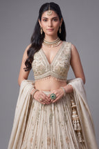 Cream Tissue Sequin and Floral Embroidery Work Pleated Lehenga