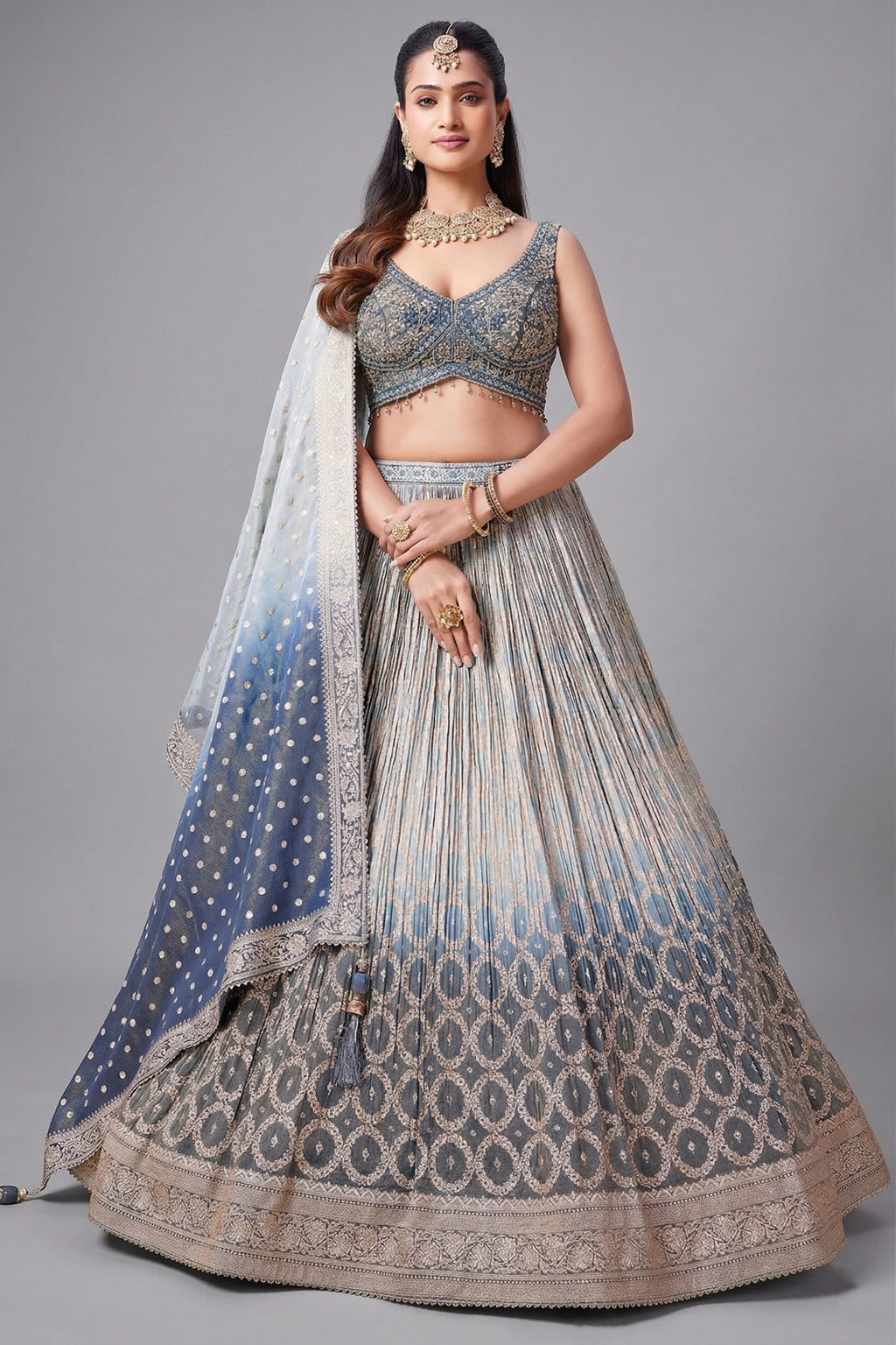 Blue Ombre Tissue Woven Lehenga