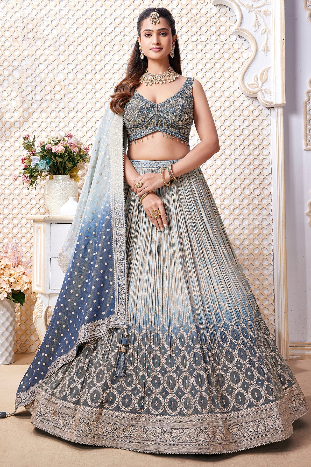 Blue Ombre Tissue Woven Lehenga