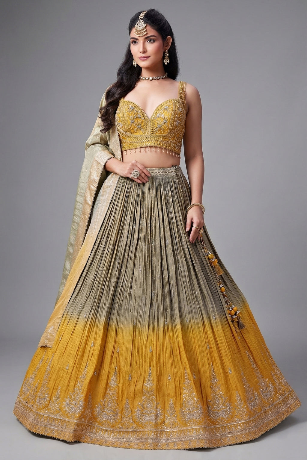 Olive Green and Yellow Ombre Chinon Sequin Embroidered Pleated Lehenga