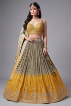 Olive Green and Yellow Ombre Chinon Sequin Embroidered Pleated Lehenga
