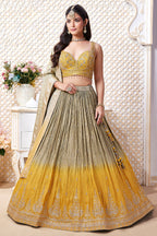 Olive Green and Yellow Ombre Chinon Sequin Embroidered Pleated Lehenga