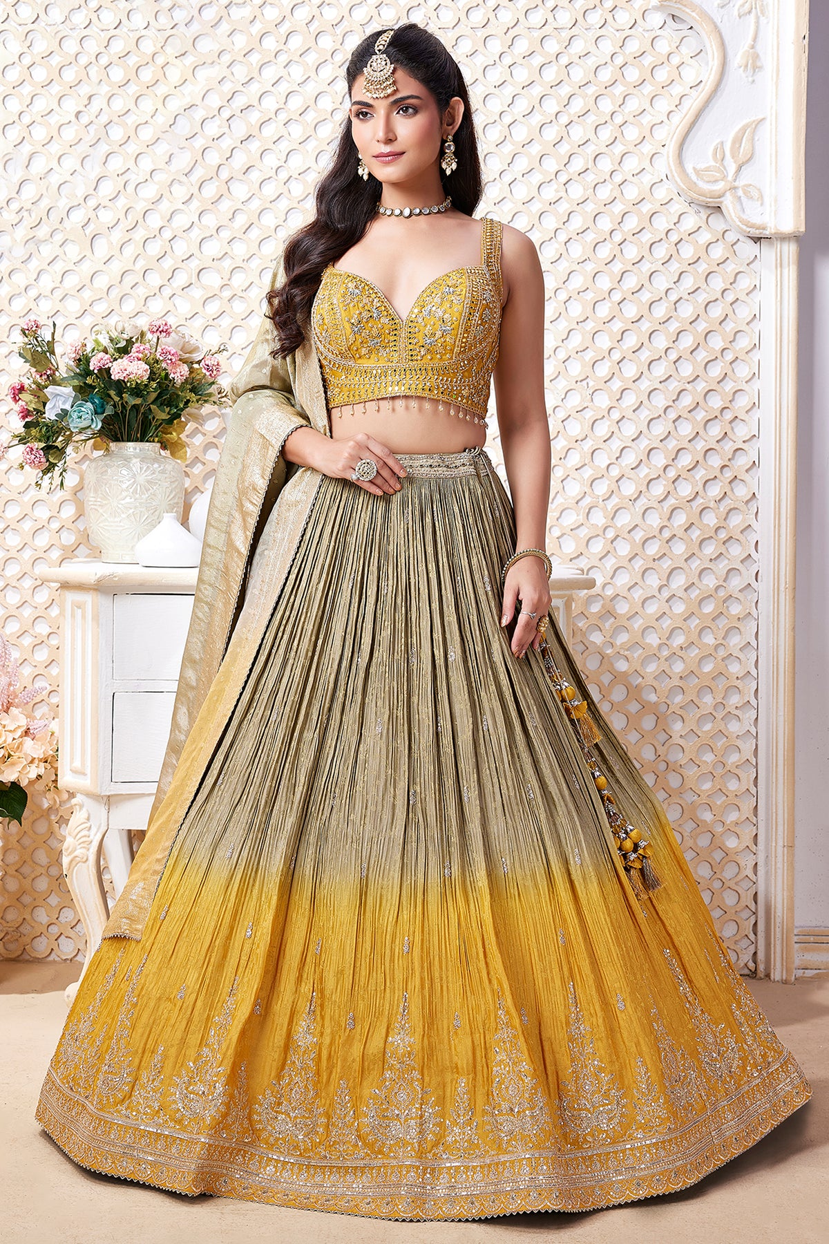 Olive Green and Yellow Ombre Chinon Sequin Embroidered Pleated Lehenga