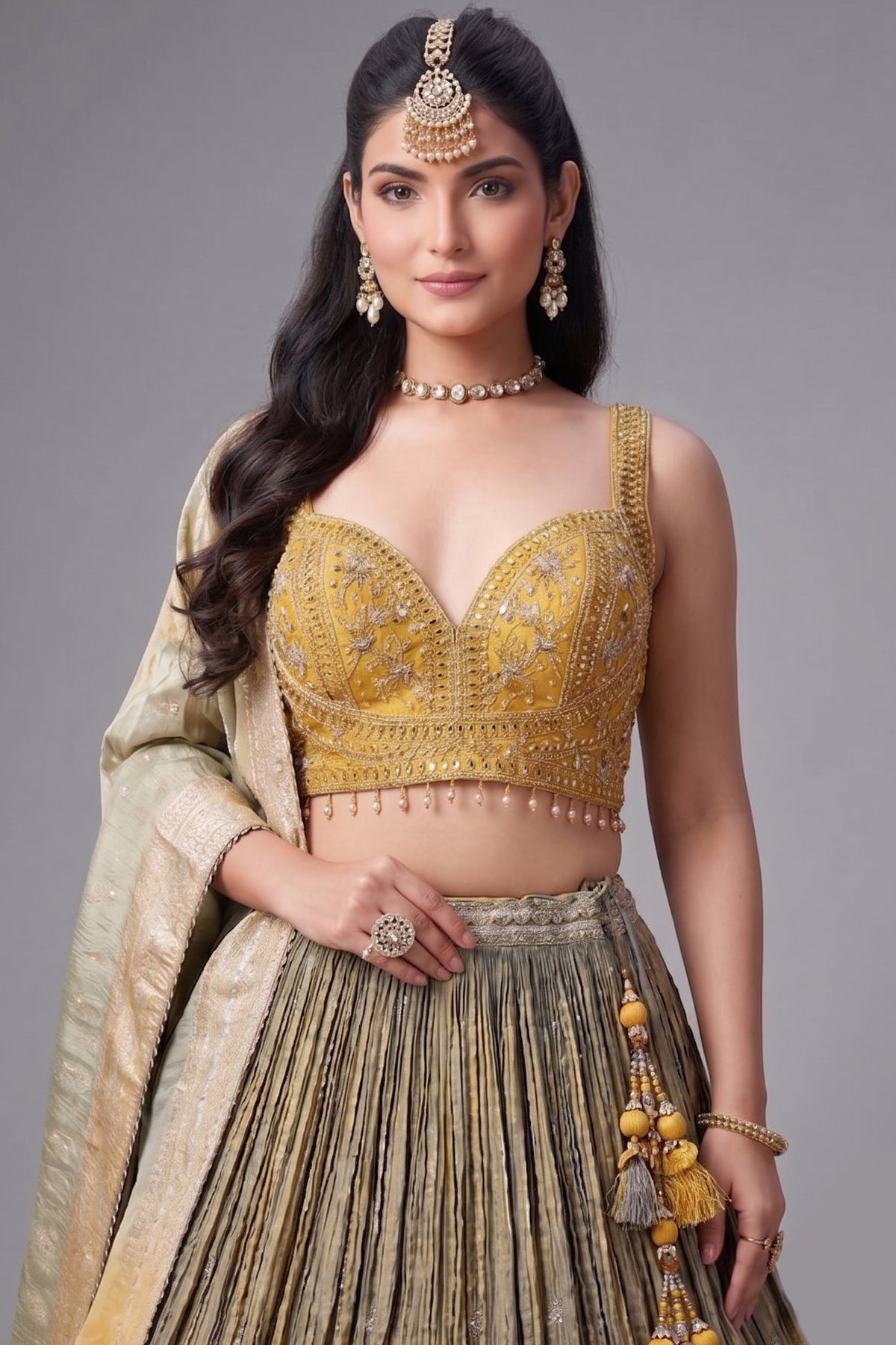 Olive Green and Yellow Ombre Chinon Sequin Embroidered Pleated Lehenga