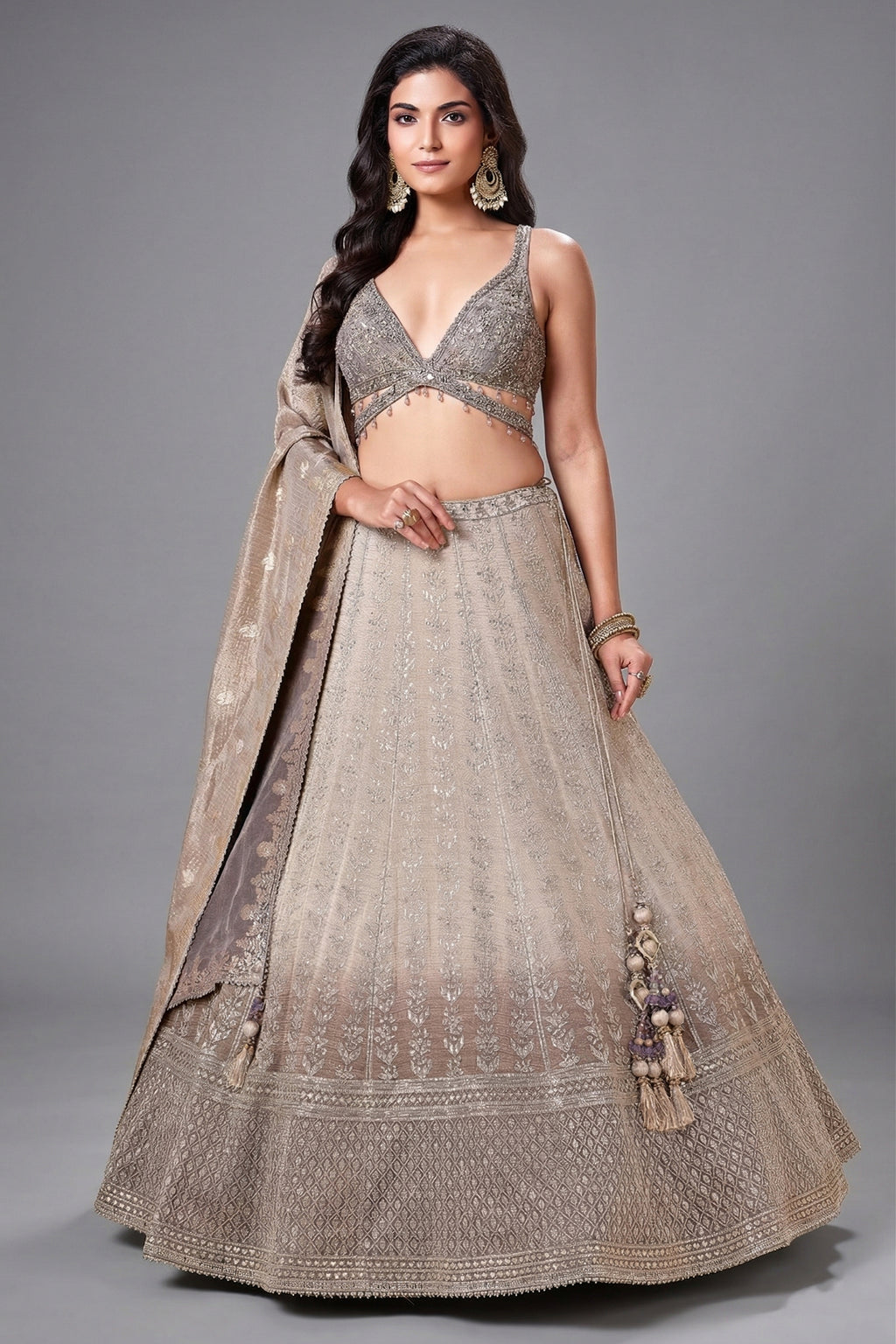 Taupe and Brown Tissue All Over Sequin Embroidered Lehenga with V Neck Crop Top