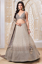 Taupe and Brown Tissue All Over Sequin Embroidered Lehenga with V Neck Crop Top