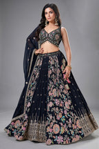 Black Georgette Chinon Floral Printed Flared Lehenga with Sequins Work