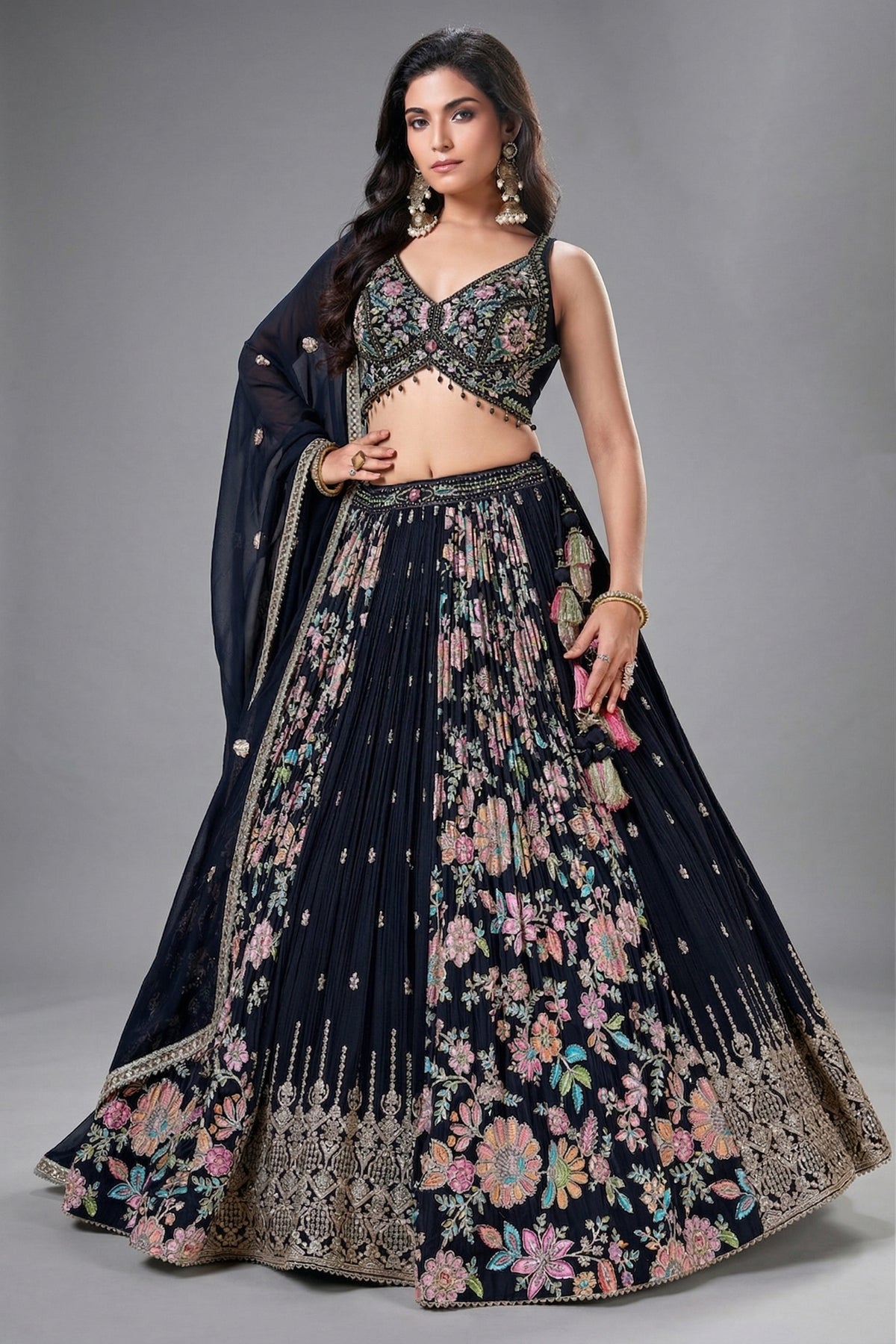 Black Georgette Chinon Floral Printed Flared Lehenga with Sequins Work