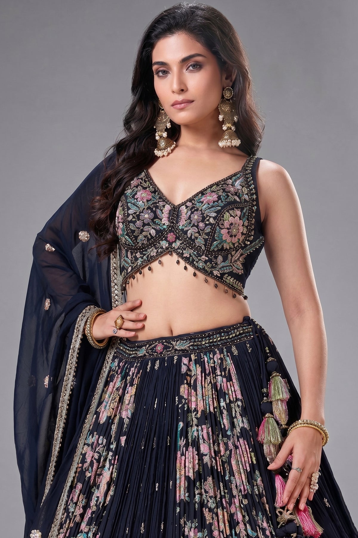 Black Georgette Chinon Floral Printed Flared Lehenga with Sequins Work