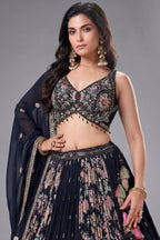 Black Georgette Chinon Floral Printed Flared Lehenga with Sequins Work