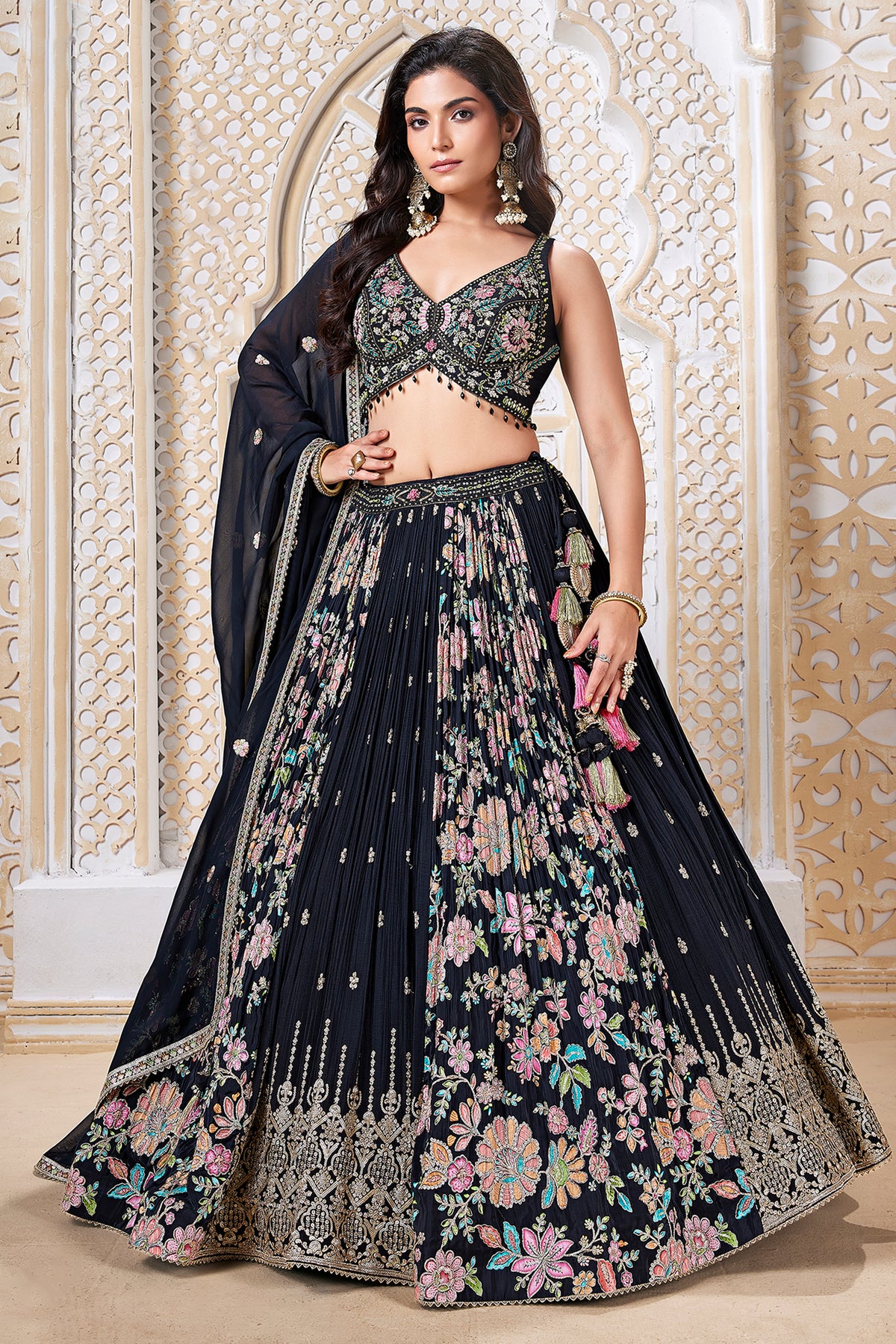 Black Georgette Chinon Floral Printed Flared Lehenga with Sequins Work