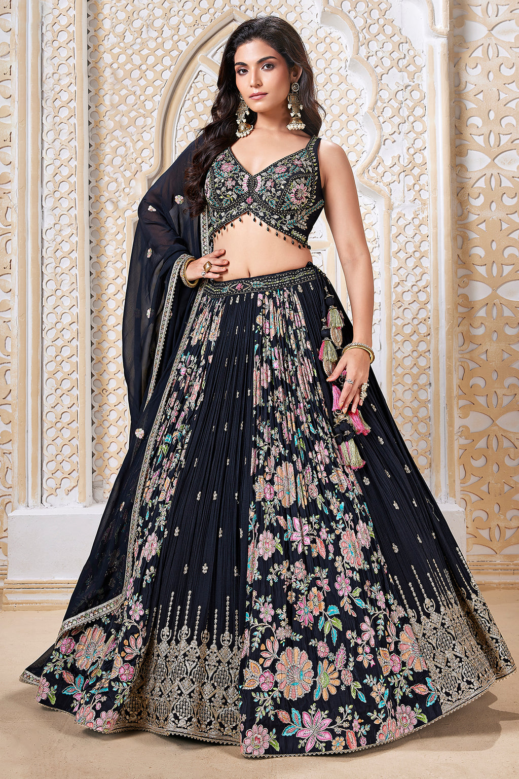 Black Georgette Chinon Floral Printed Flared Lehenga with Sequins Work