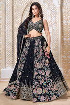 Black Georgette Chinon Floral Printed Flared Lehenga with Sequins Work