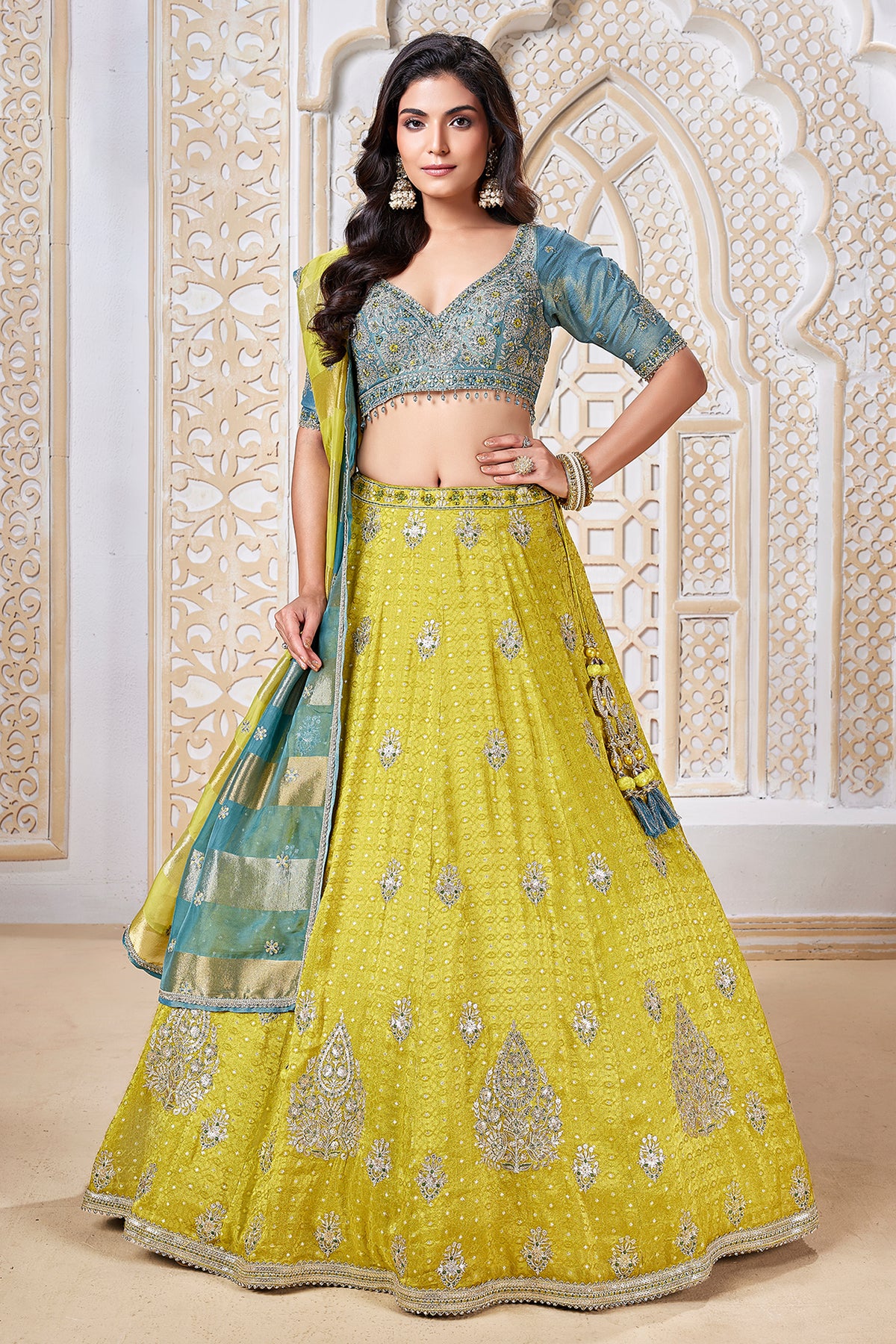 Yellow Banarasi Brocade Woven Lehenga with Sequin Work