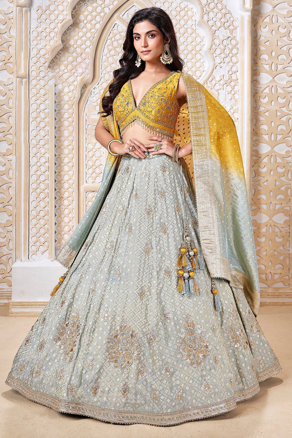 Blue Brocade Silk Woven Lehenga with Sequins Work
