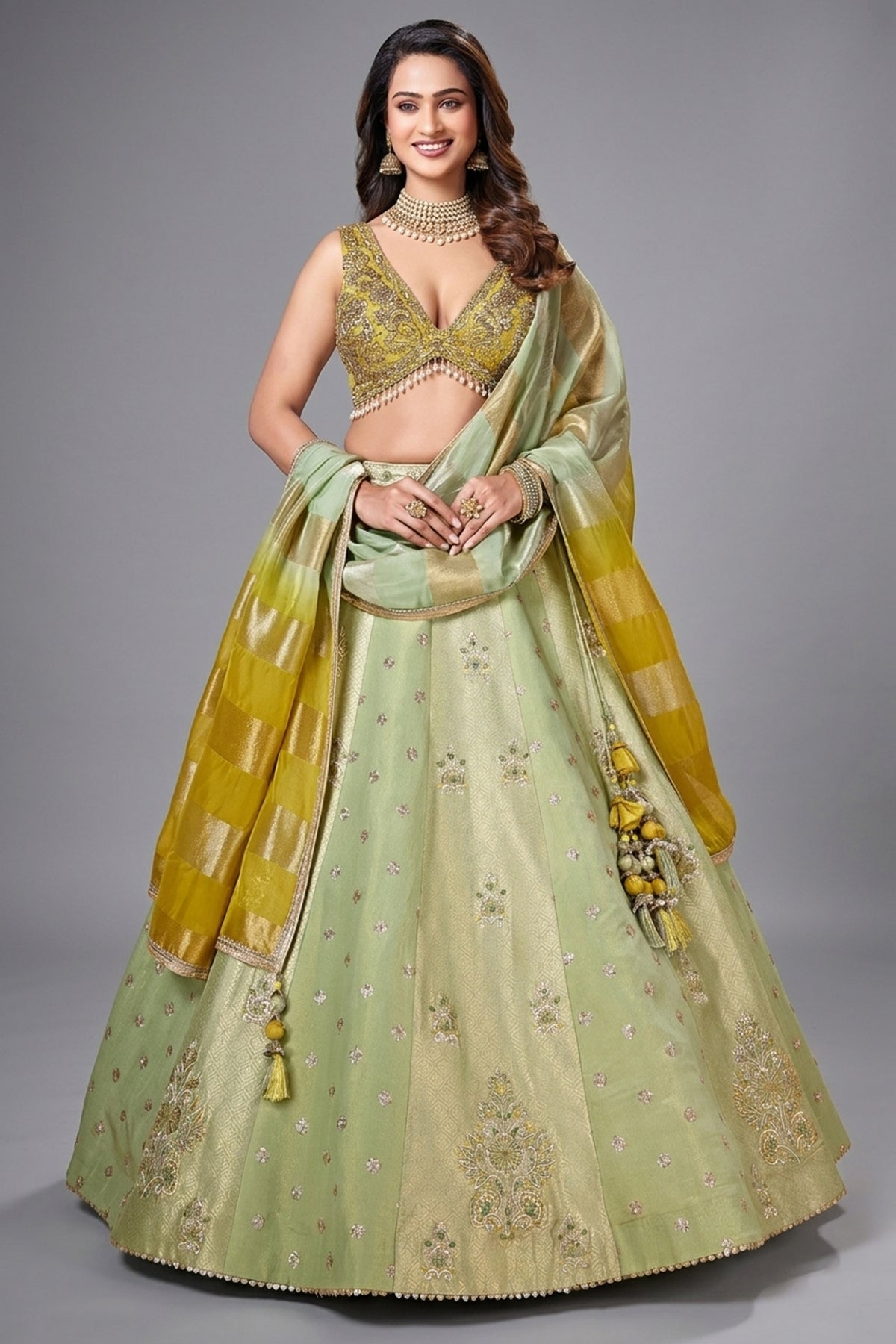 Green Tissue Woven and Sequin Worked Lehenga